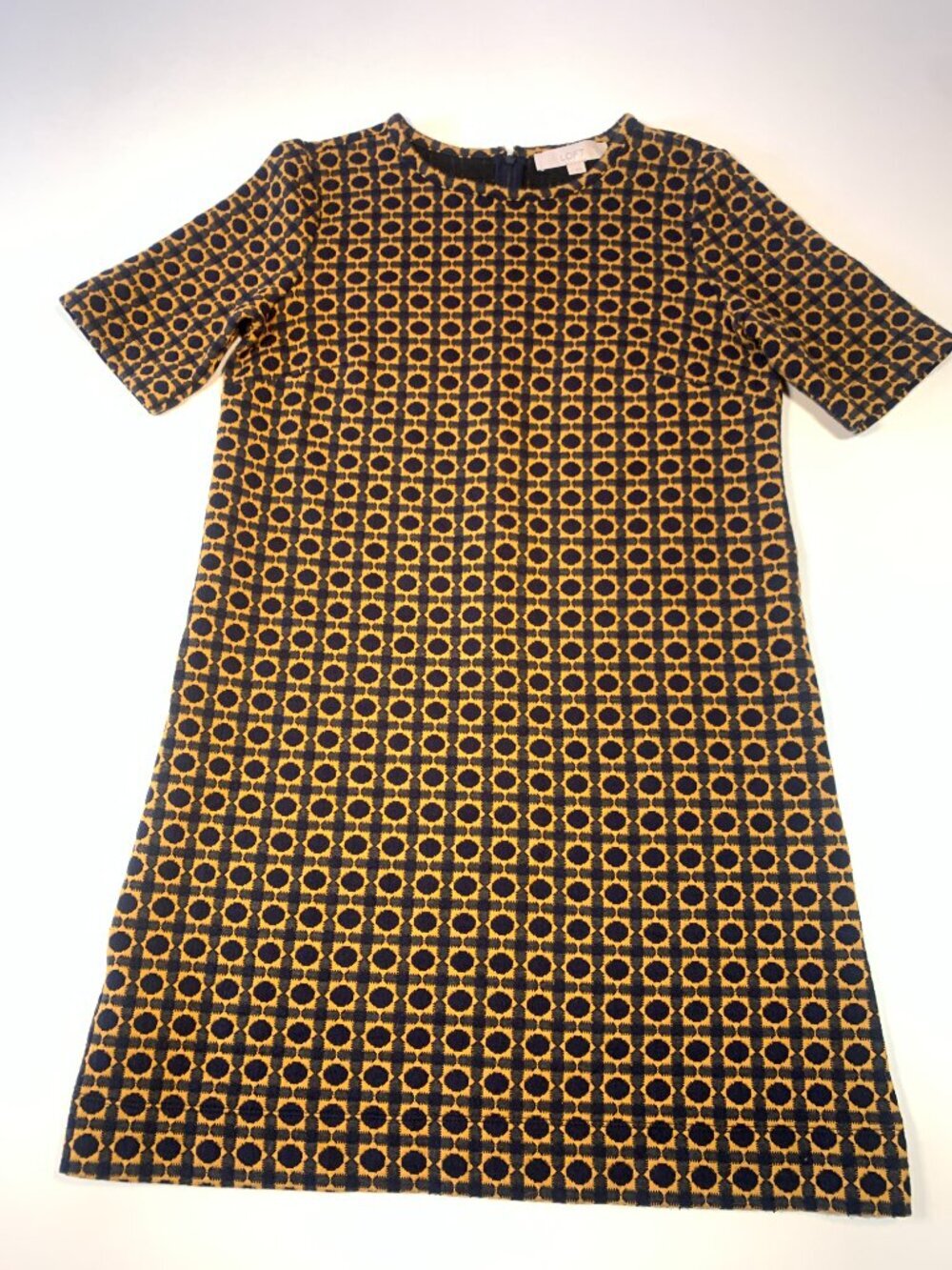 LOFT Geometric Print Shift Dress Mustard Navy Short Sleeve Small Boho Retro - Picture 2 of 10